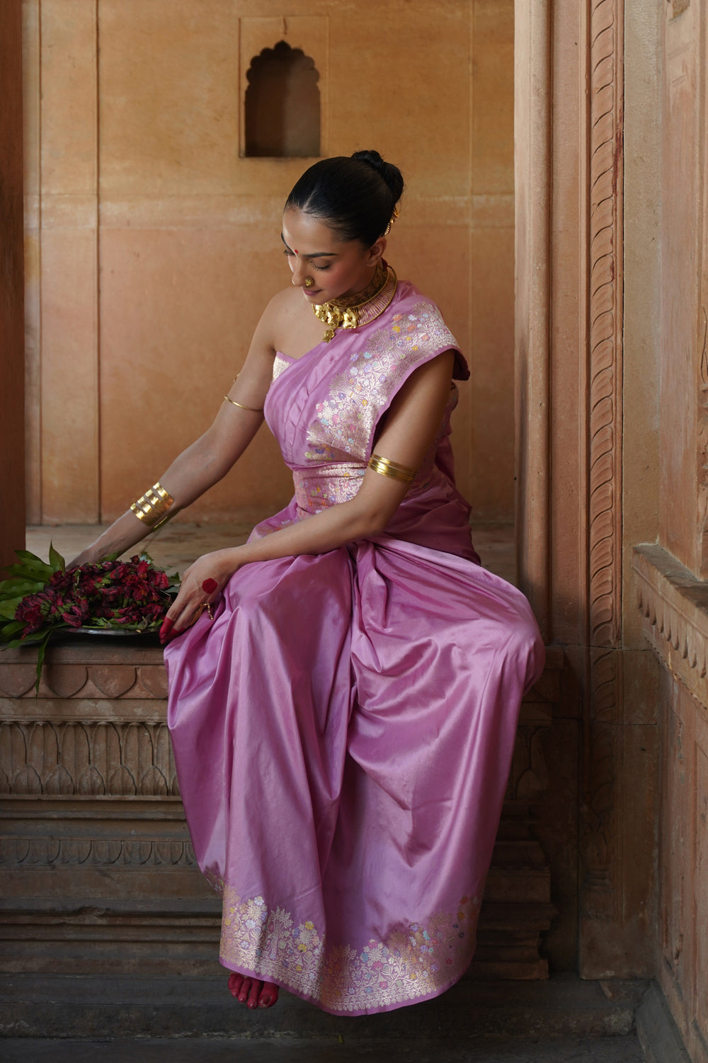 Handwoven Katan Silk Saree in Orchid Pink with Meenakari Creepers