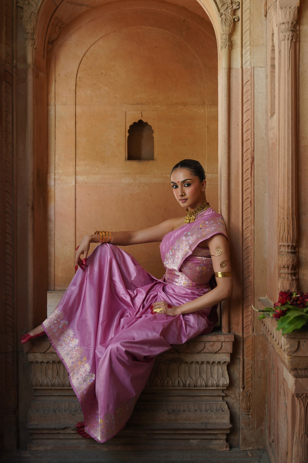 Handwoven Katan Silk Saree in Orchid Pink with Meenakari Creepers