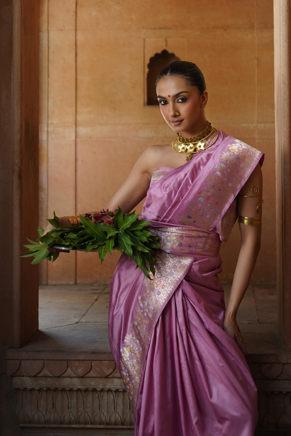 Handwoven Katan Silk Saree in Orchid Pink with Meenakari Creepers