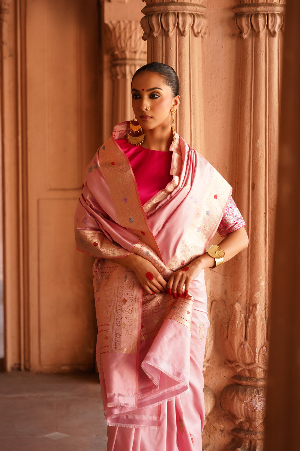 Handwoven Katan Silk Saree in Pastel Pink with Gold Meenakari Bootas