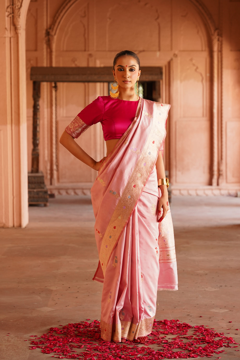 Handwoven Katan Silk Saree in Pastel Pink with Gold Meenakari Bootas