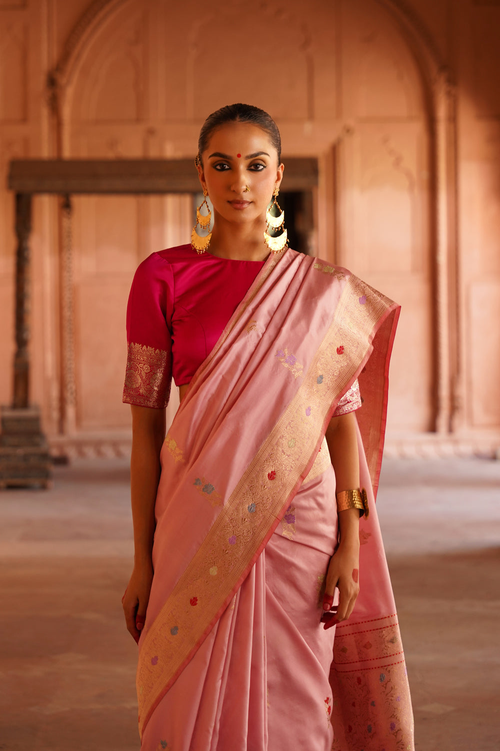 Handwoven Katan Silk Saree in Pastel Pink with Gold Meenakari Bootas