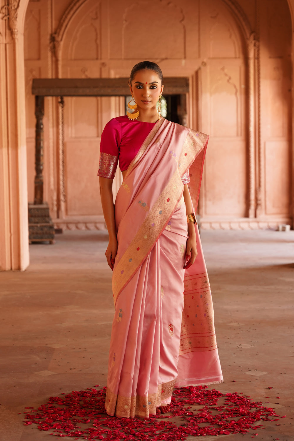Handwoven Katan Silk Saree in Pastel Pink with Gold Meenakari Bootas