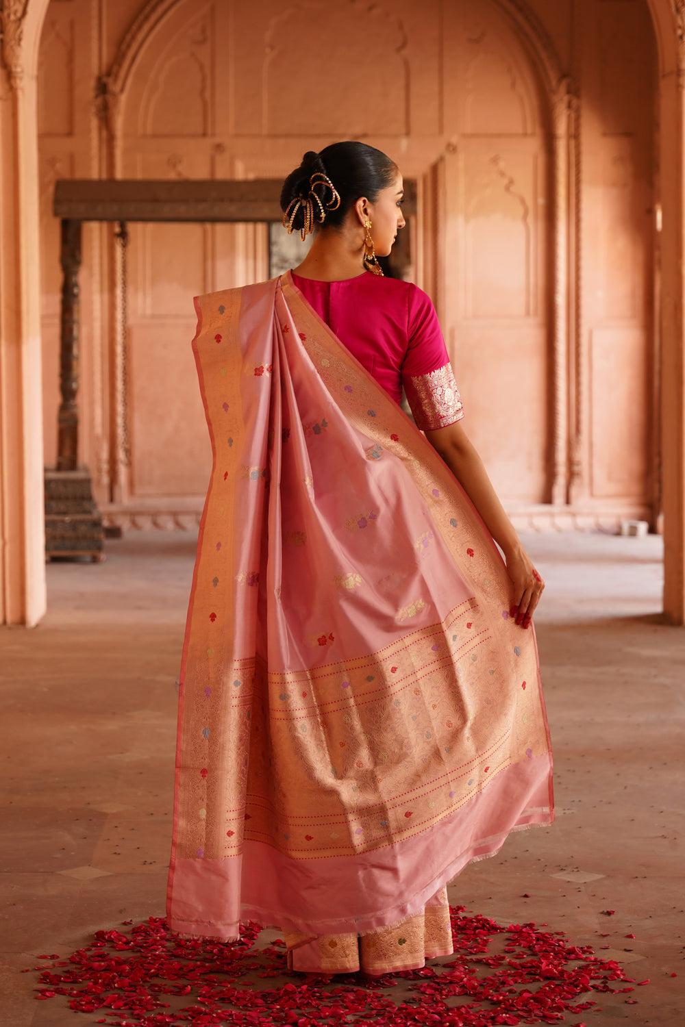 Handwoven Katan Silk Saree in Pastel Pink with Gold Meenakari Bootas