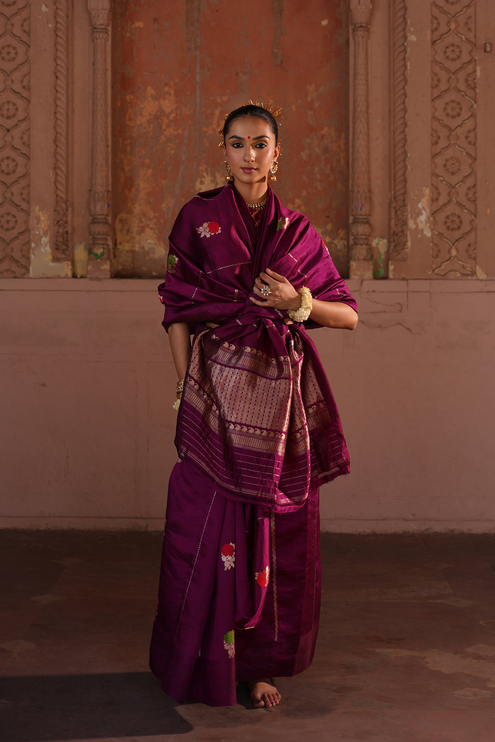 Handwoven Katan Silk Saree in Plum with Geometric Pallu and Meenakari