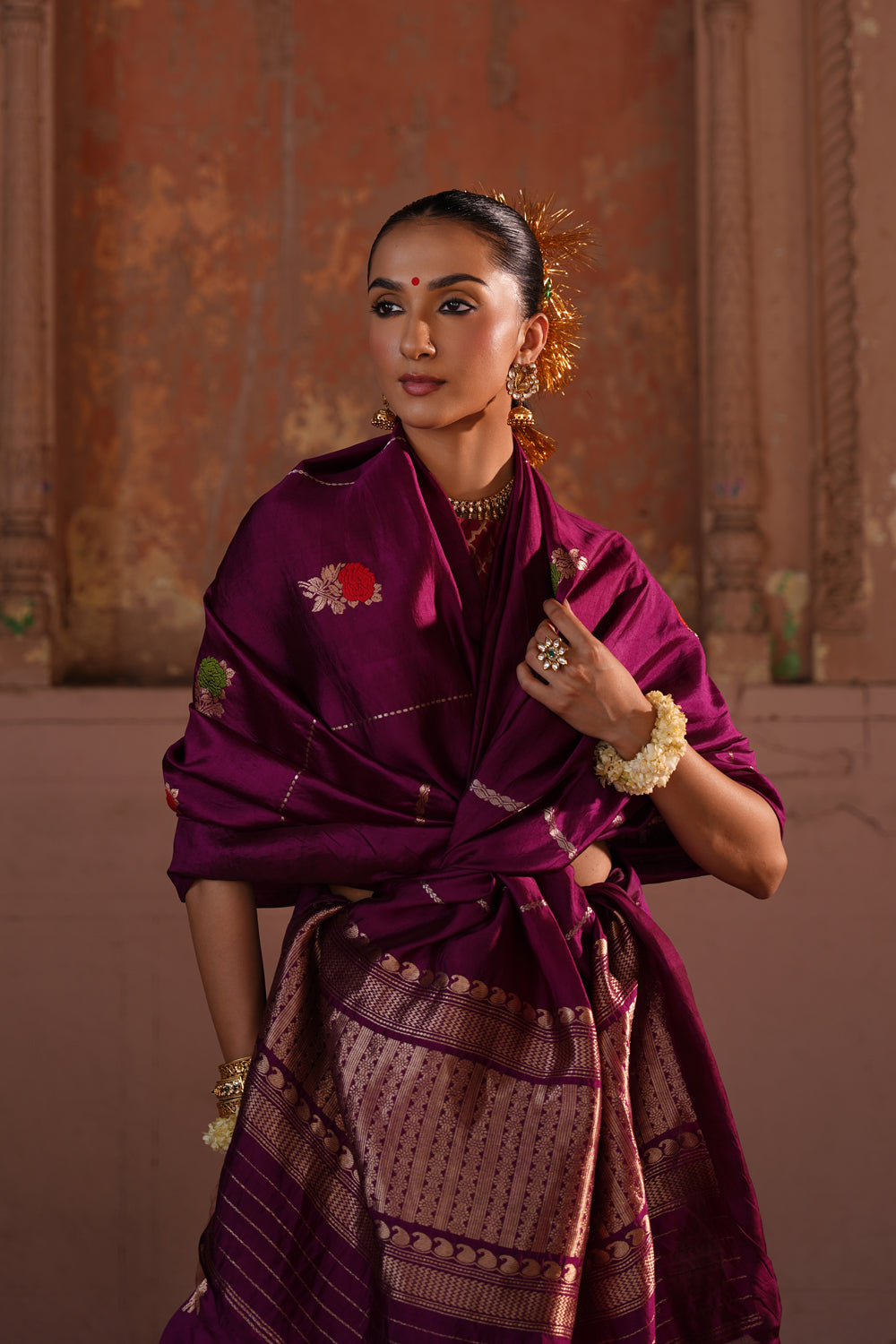 Handwoven Katan Silk Saree in Plum with Geometric Pallu and Meenakari