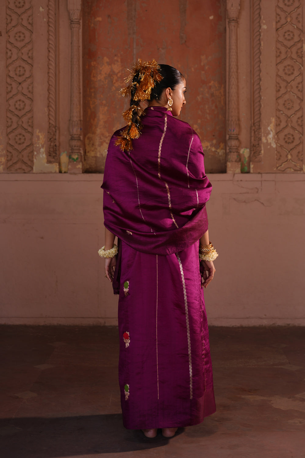 Handwoven Katan Silk Saree in Plum with Geometric Pallu and Meenakari