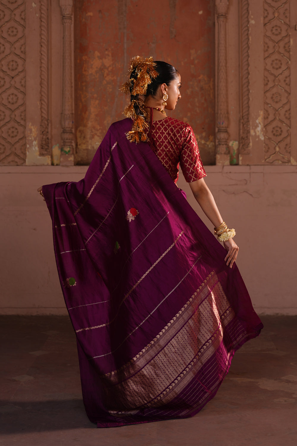 Handwoven Katan Silk Saree in Plum with Geometric Pallu and Meenakari