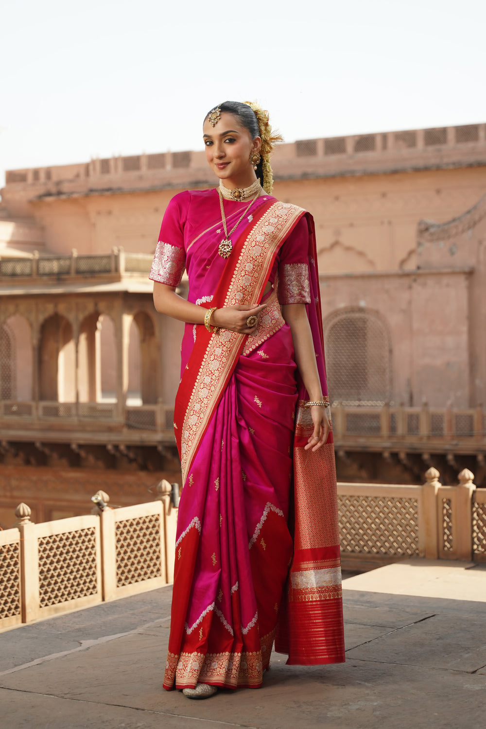 Handwoven Katan Silk Saree in Rani Pink & Crimson with Sona-Rupa Bootis