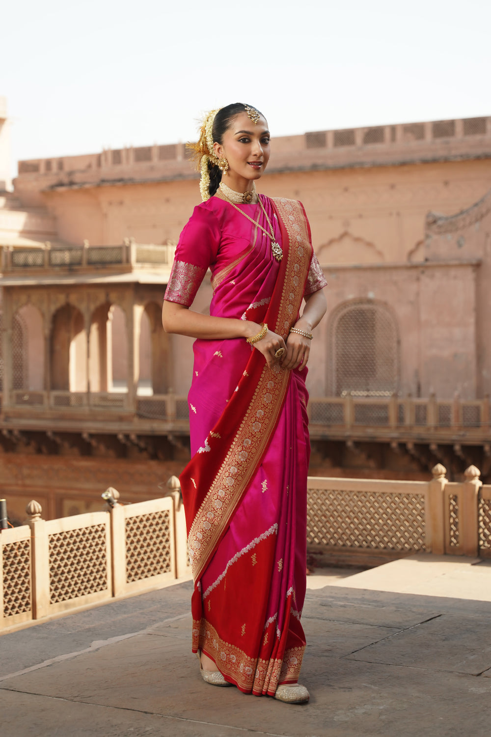 Handwoven Katan Silk Saree in Rani Pink & Crimson with Sona-Rupa Bootis
