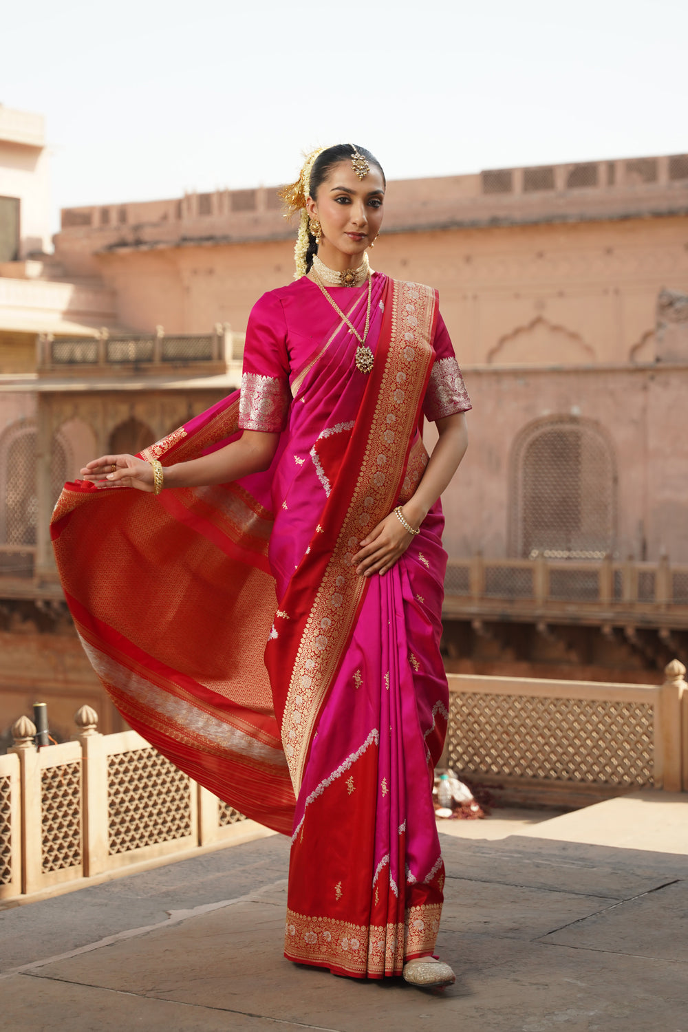Handwoven Katan Silk Saree in Rani Pink & Crimson with Sona-Rupa Bootis