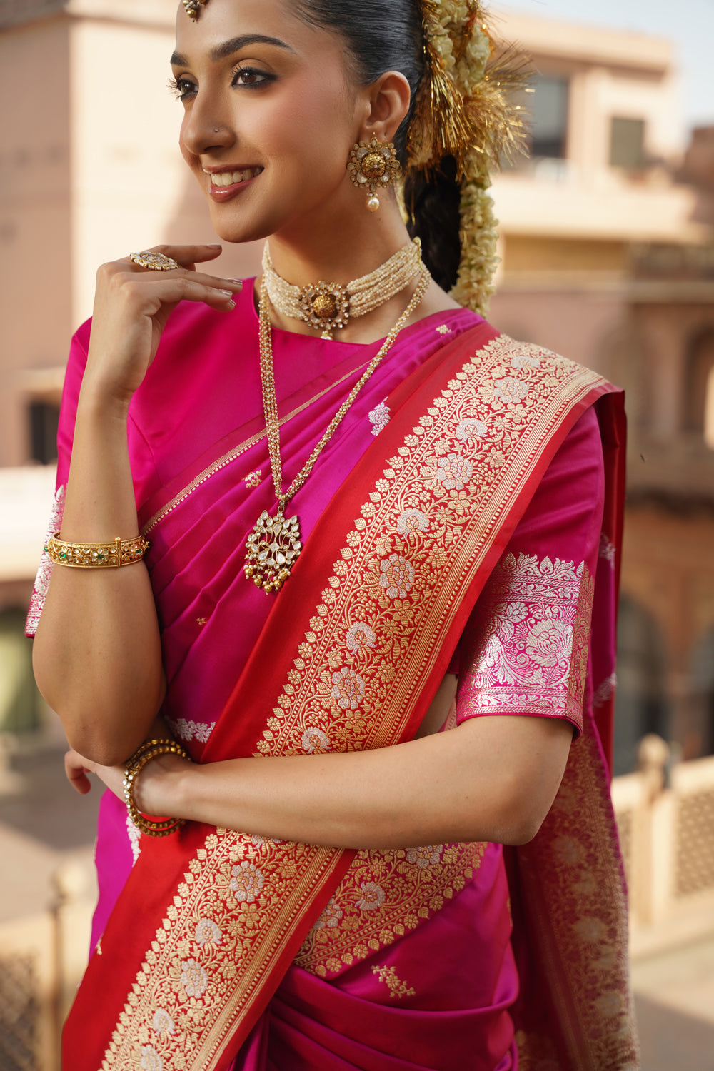 Handwoven Katan Silk Saree in Rani Pink & Crimson with Sona-Rupa Bootis