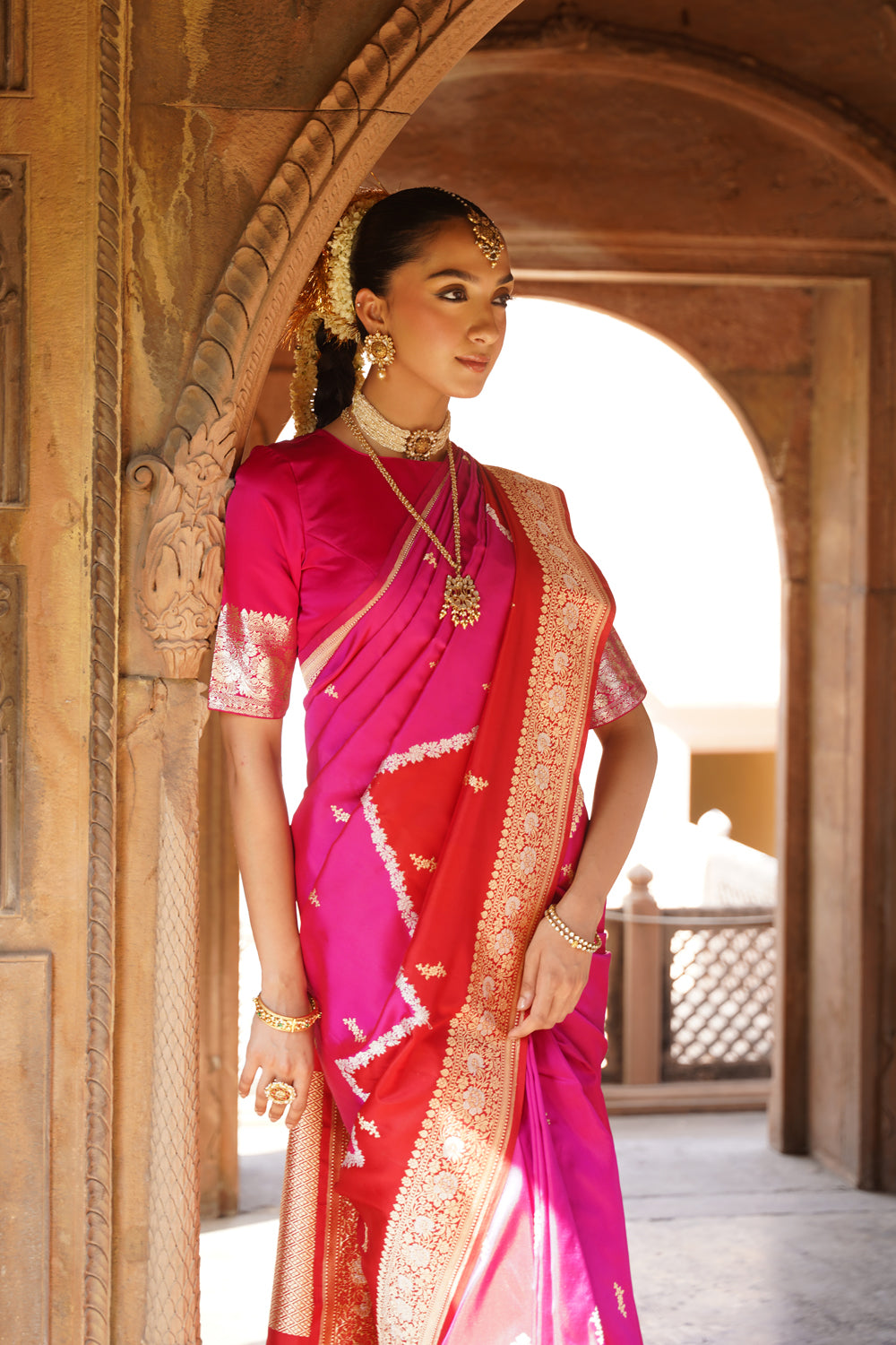 Handwoven Katan Silk Saree in Rani Pink & Crimson with Sona-Rupa Bootis