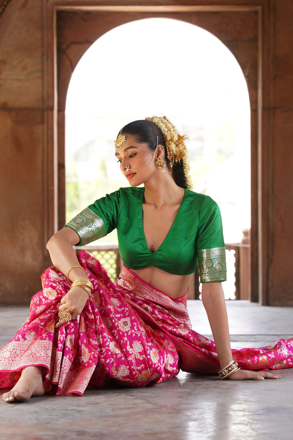 Handwoven Katan Silk Saree in Rani Pink with Heavy Floral Meenakari Jaal