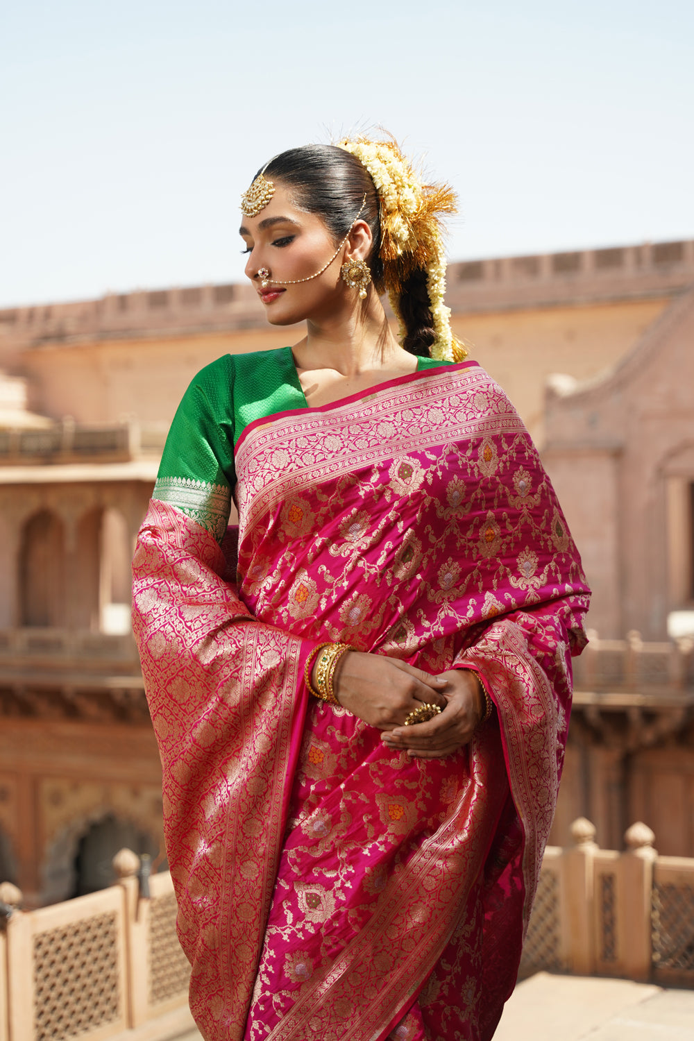 Handwoven Katan Silk Saree in Rani Pink with Heavy Floral Meenakari Jaal