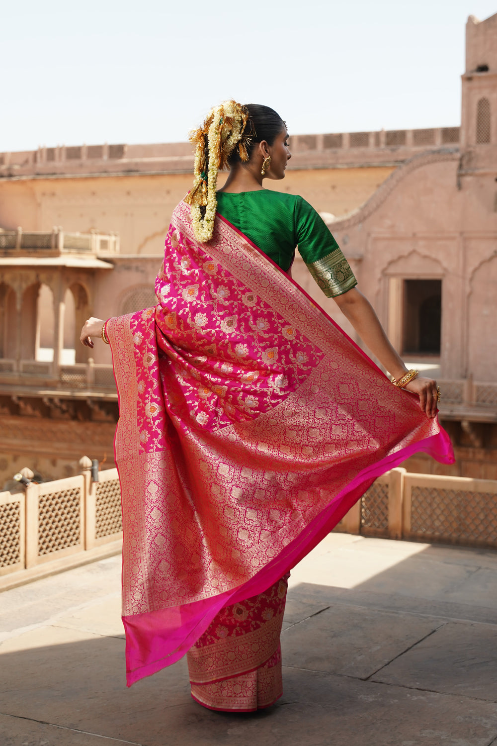 Handwoven Katan Silk Saree in Rani Pink with Heavy Floral Meenakari Jaal