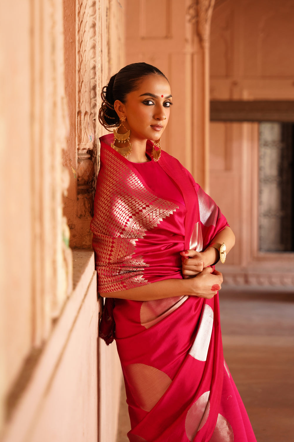 Handwoven Katan Silk Saree in Rani Pink with Sona-Rupa Geometric Blocks