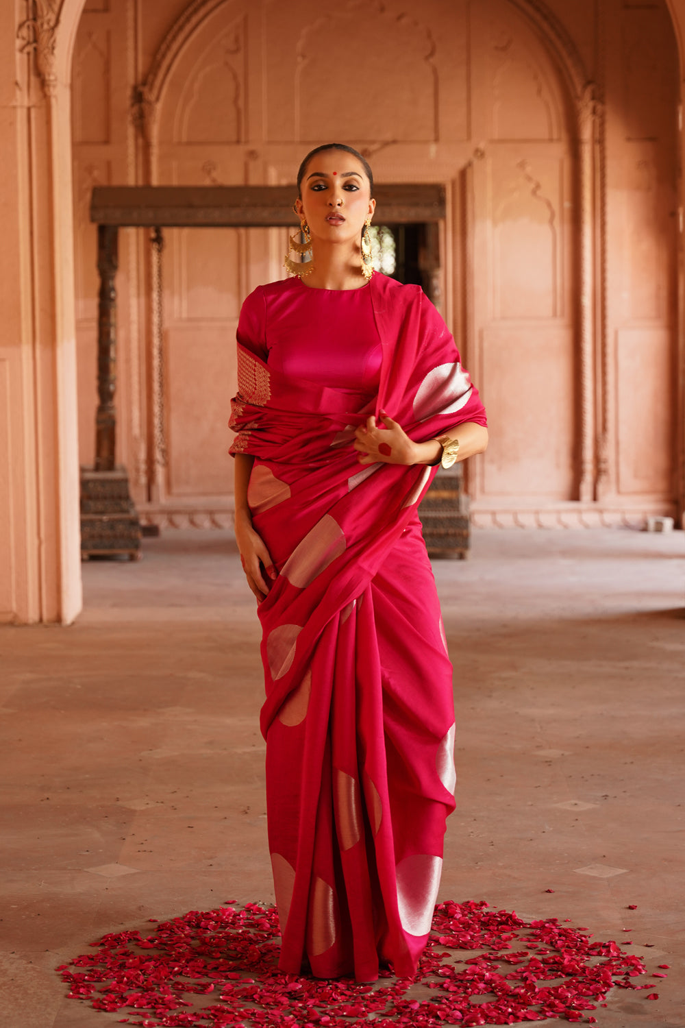 Handwoven Katan Silk Saree in Rani Pink with Sona-Rupa Geometric Blocks