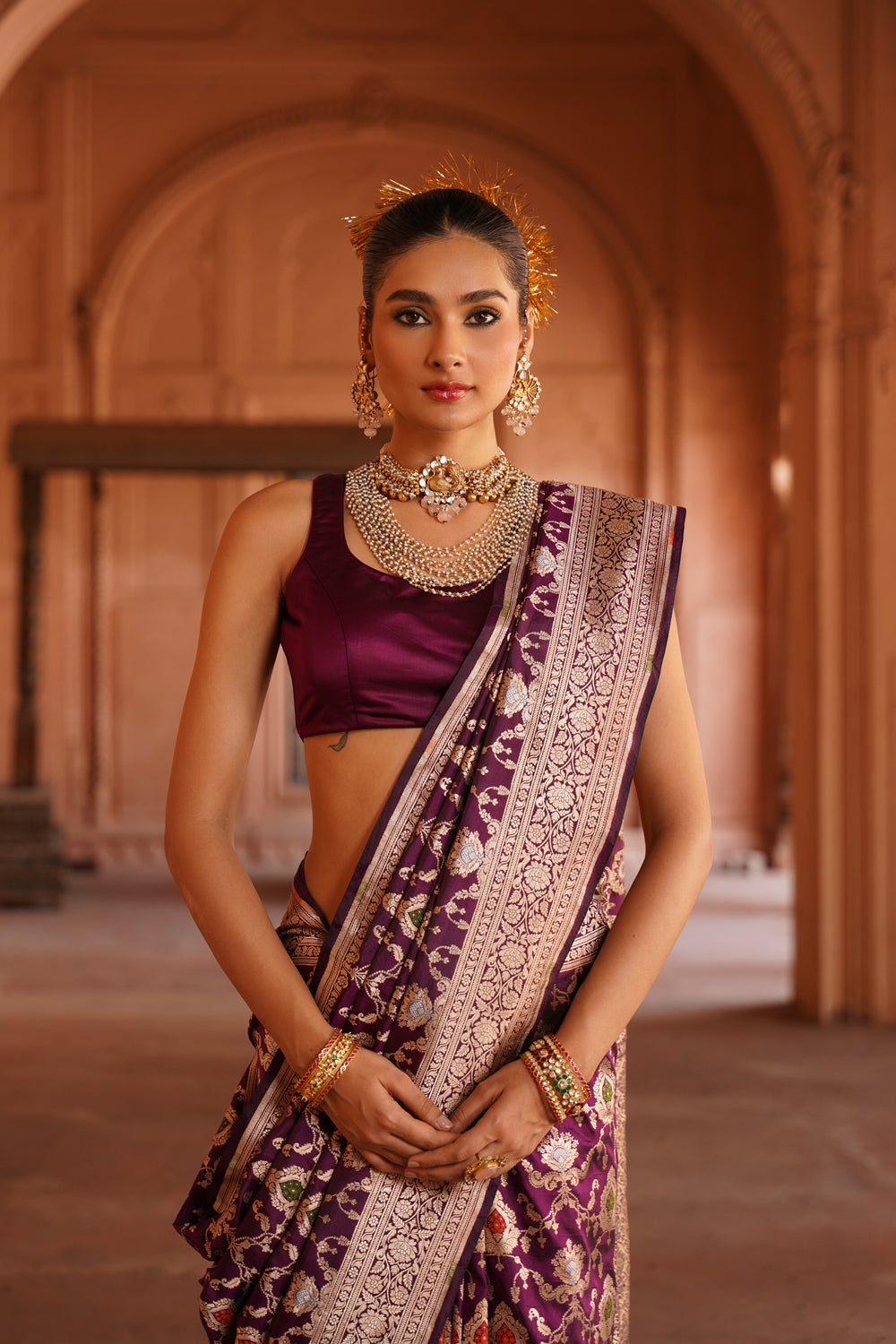 Handwoven Katan Silk Saree in Royal Wine with Sona-Rupa Meenakari Jaal