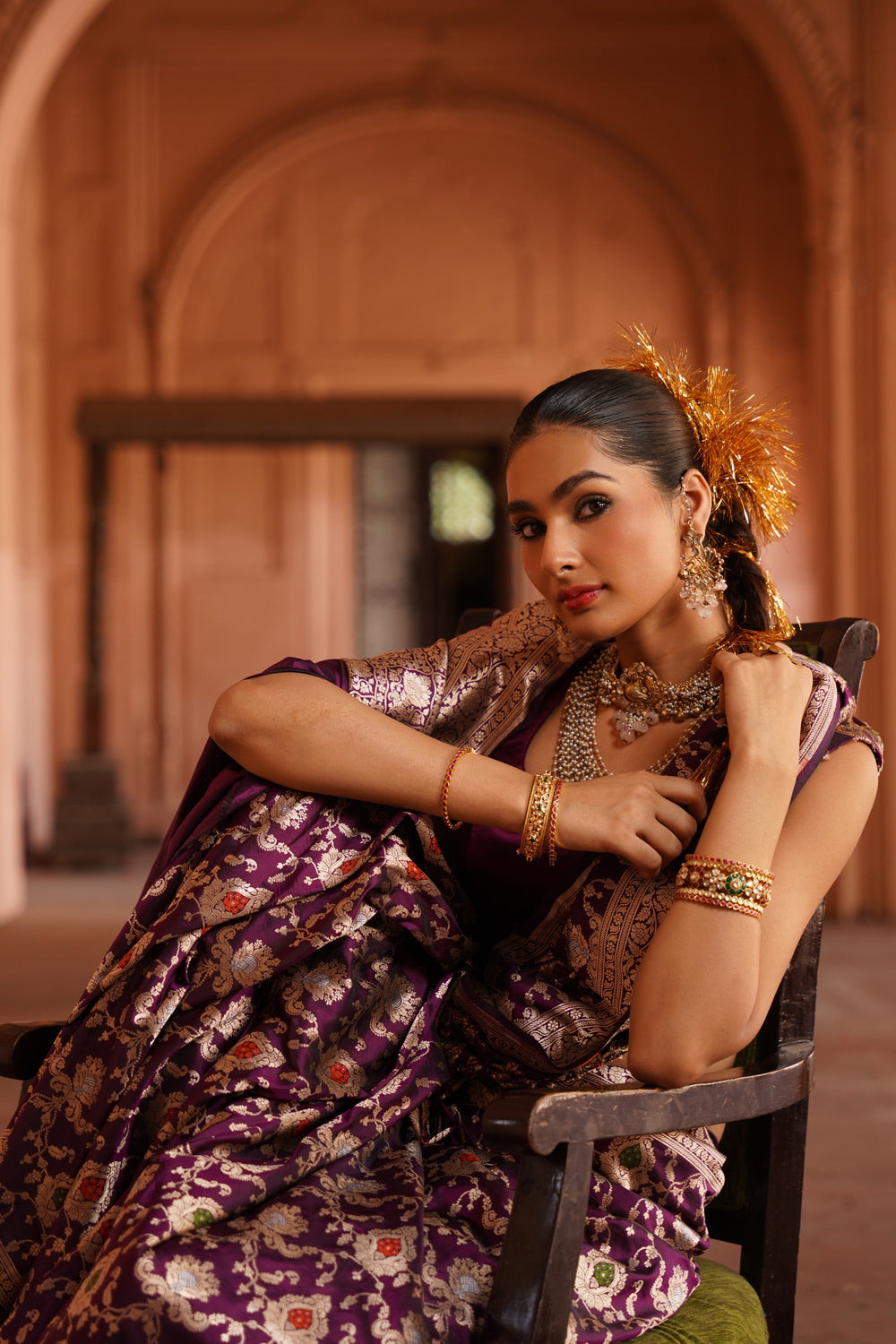 Handwoven Katan Silk Saree in Royal Wine with Sona-Rupa Meenakari Jaal