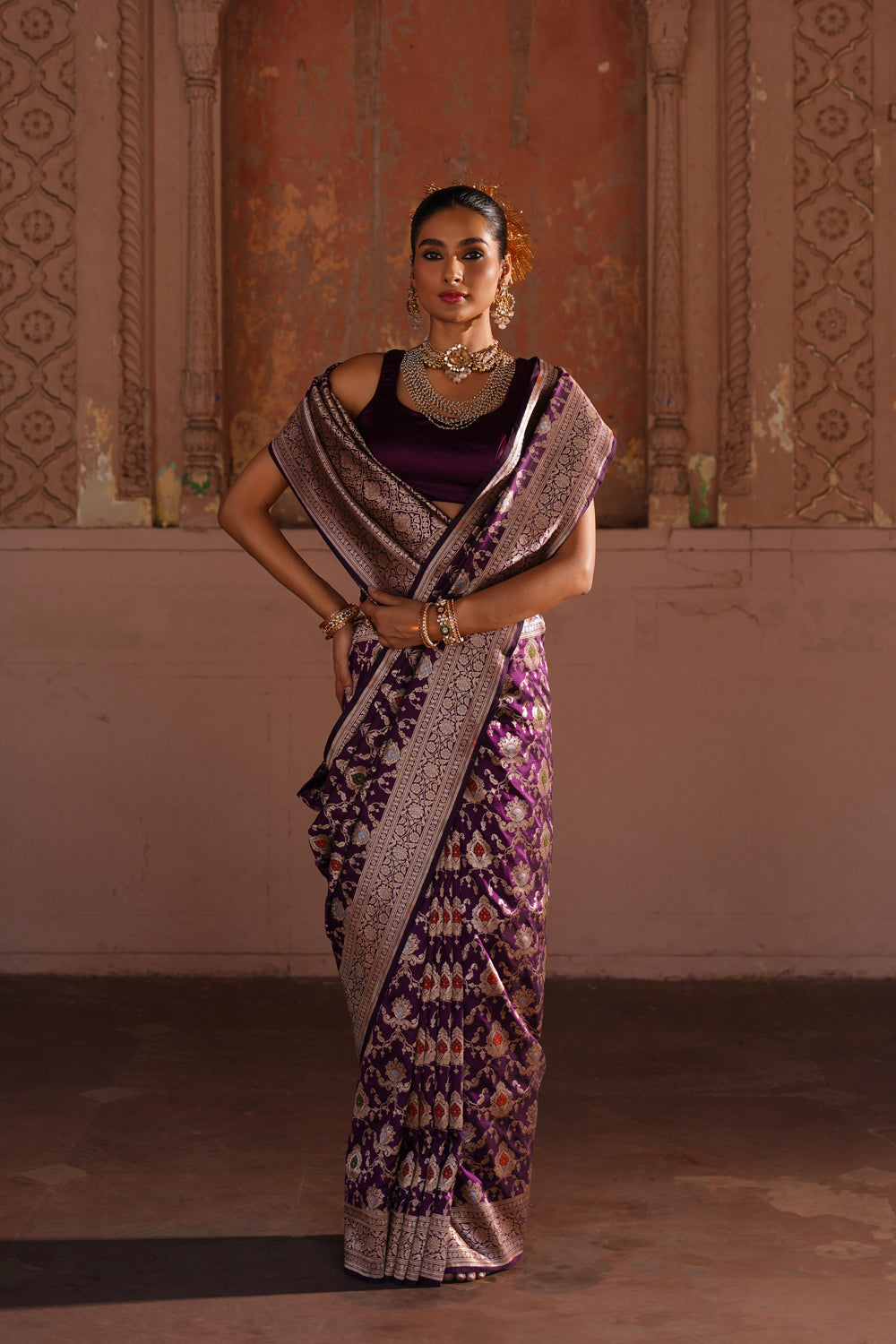 Handwoven Katan Silk Saree in Royal Wine with Sona-Rupa Meenakari Jaal