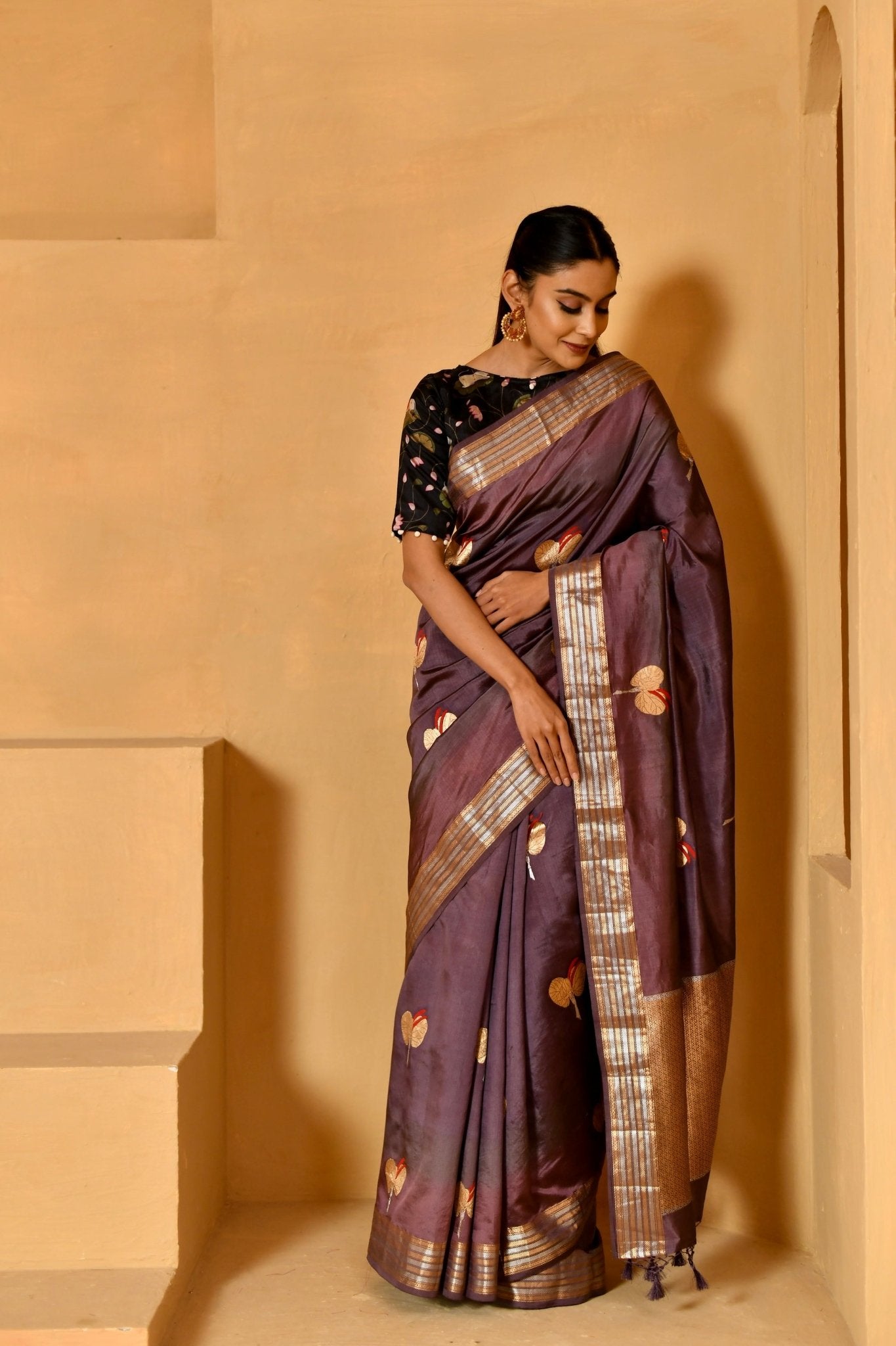 Handwoven Katan Silk Saree in Smoky Purple - Banarasiya