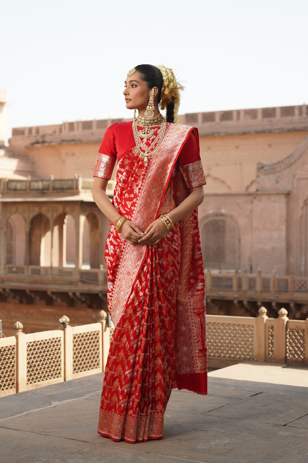 Handwoven Katan Silk Saree in Wedding Red with Ornate Meenakari Floral Jaal