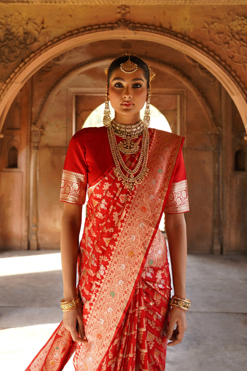 Handwoven Katan Silk Saree in Wedding Red with Ornate Meenakari Floral Jaal
