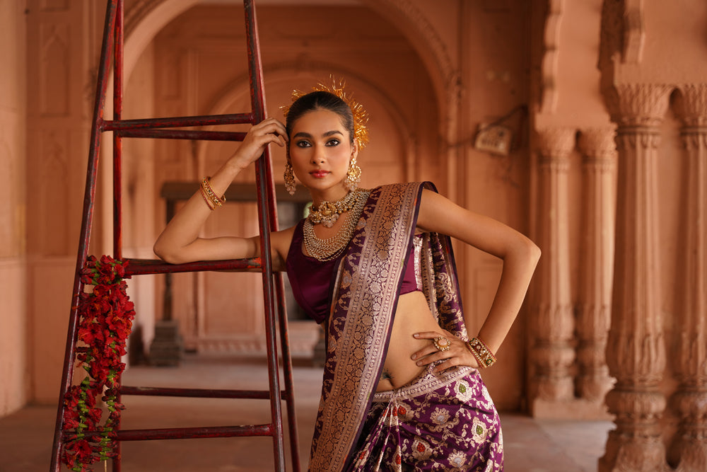 Handwoven Katan Silk Saree in Wine Purple with Full Meenakari Jaal