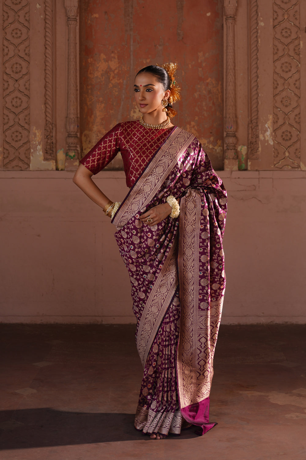 Handwoven Katan Silk Saree in Wine Purple with Full Meenakari Jaal