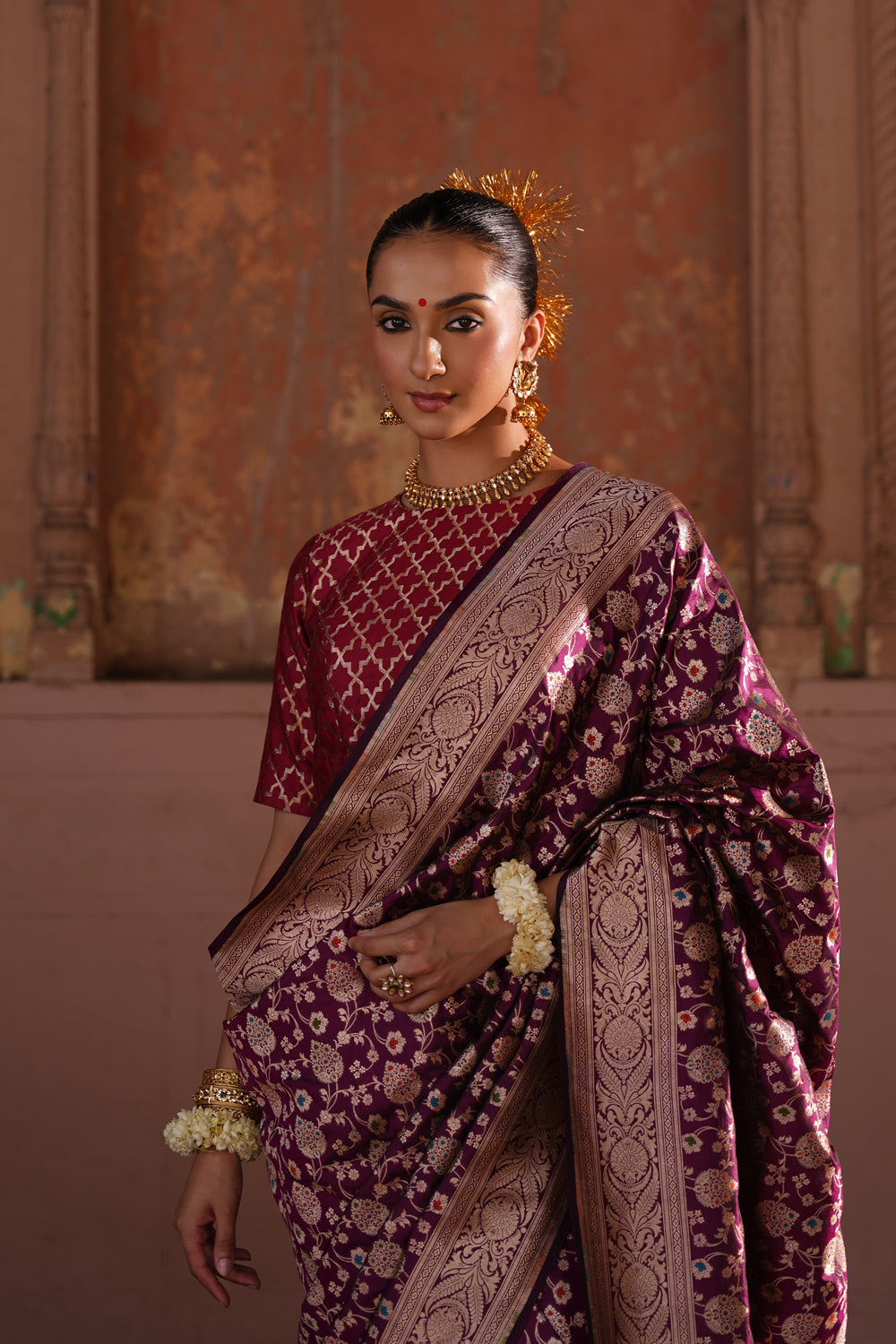 Handwoven Katan Silk Saree in Wine Purple with Full Meenakari Jaal