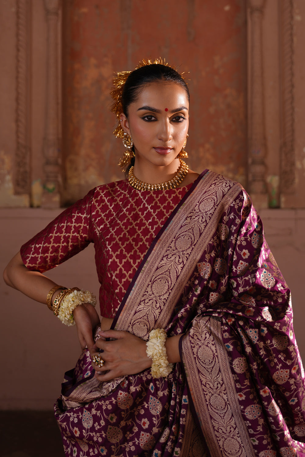 Handwoven Katan Silk Saree in Wine Purple with Full Meenakari Jaal