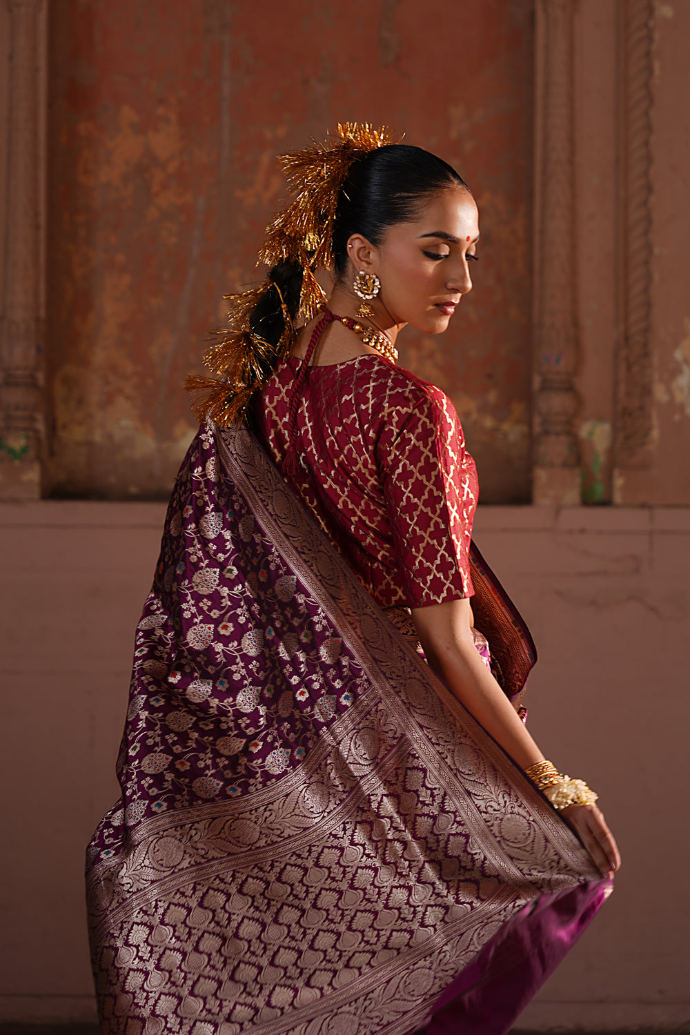 Handwoven Katan Silk Saree in Wine Purple with Full Meenakari Jaal