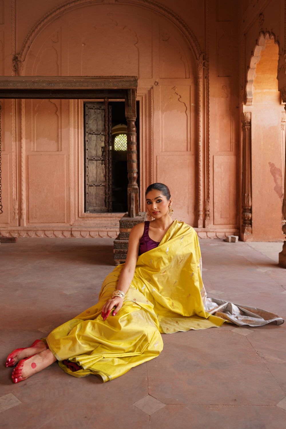 handwoven-katan-silk-saree-with-bird-motifs-in-lime-and-grey