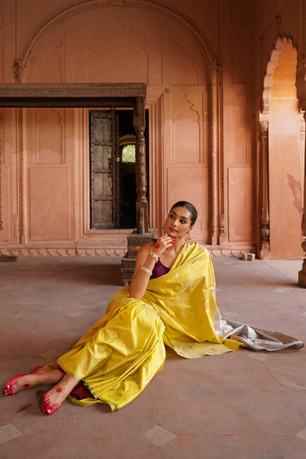 handwoven-katan-silk-saree-with-bird-motifs-in-lime-and-grey