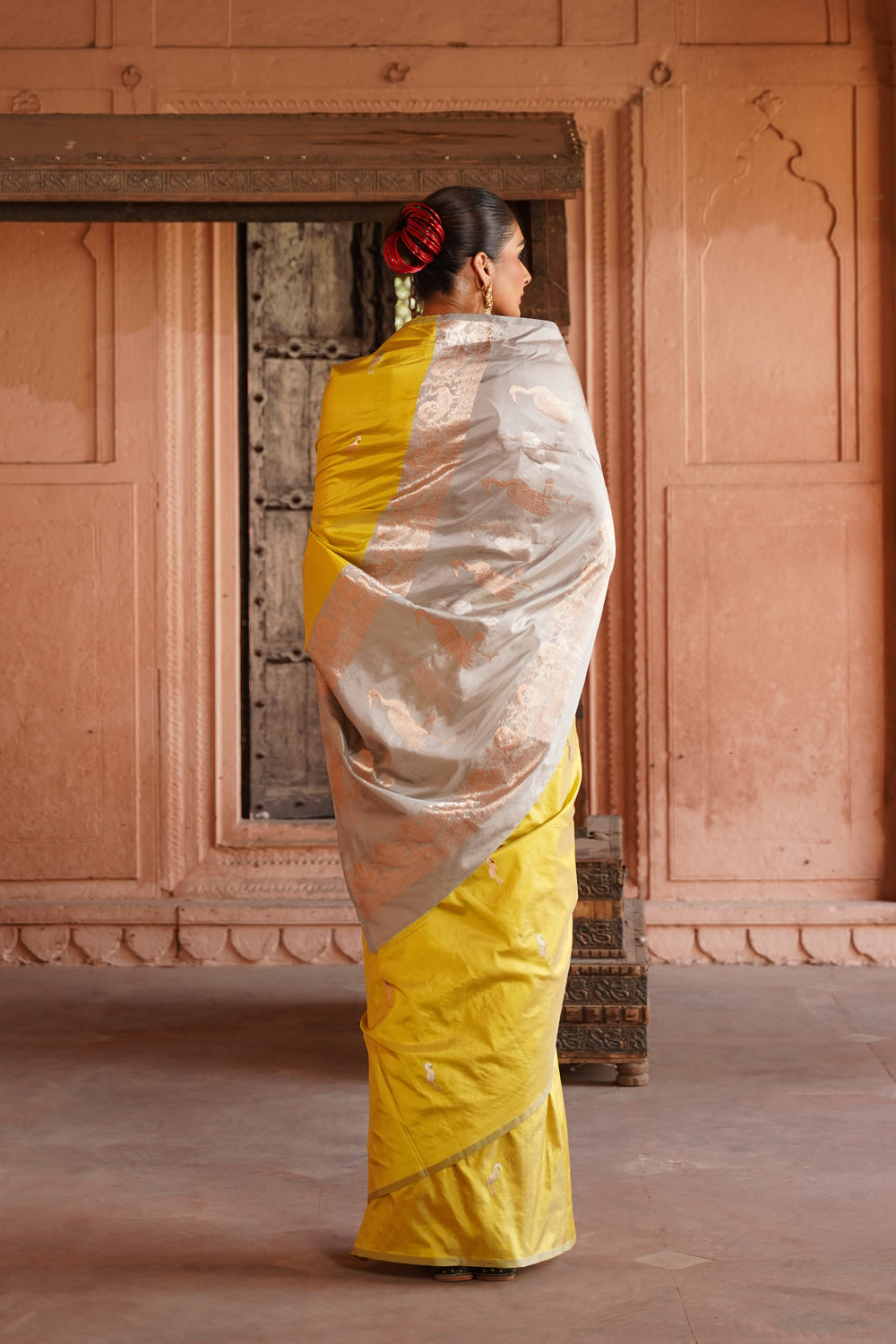 handwoven-katan-silk-saree-with-bird-motifs-in-lime-and-grey