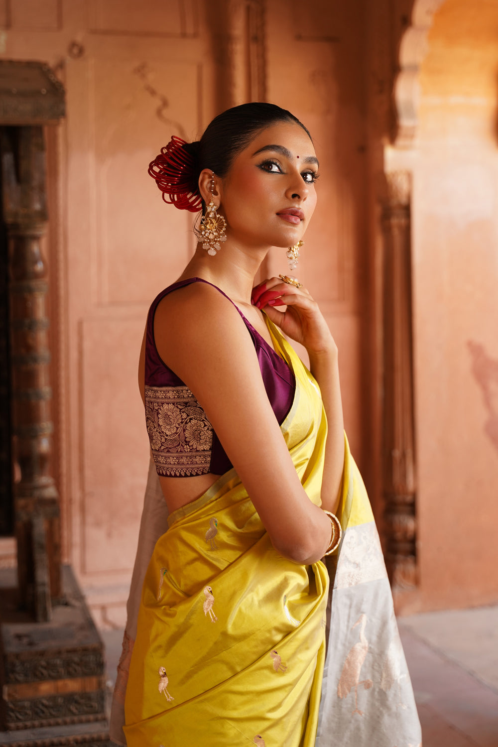 handwoven-katan-silk-saree-with-bird-motifs-in-lime-and-grey