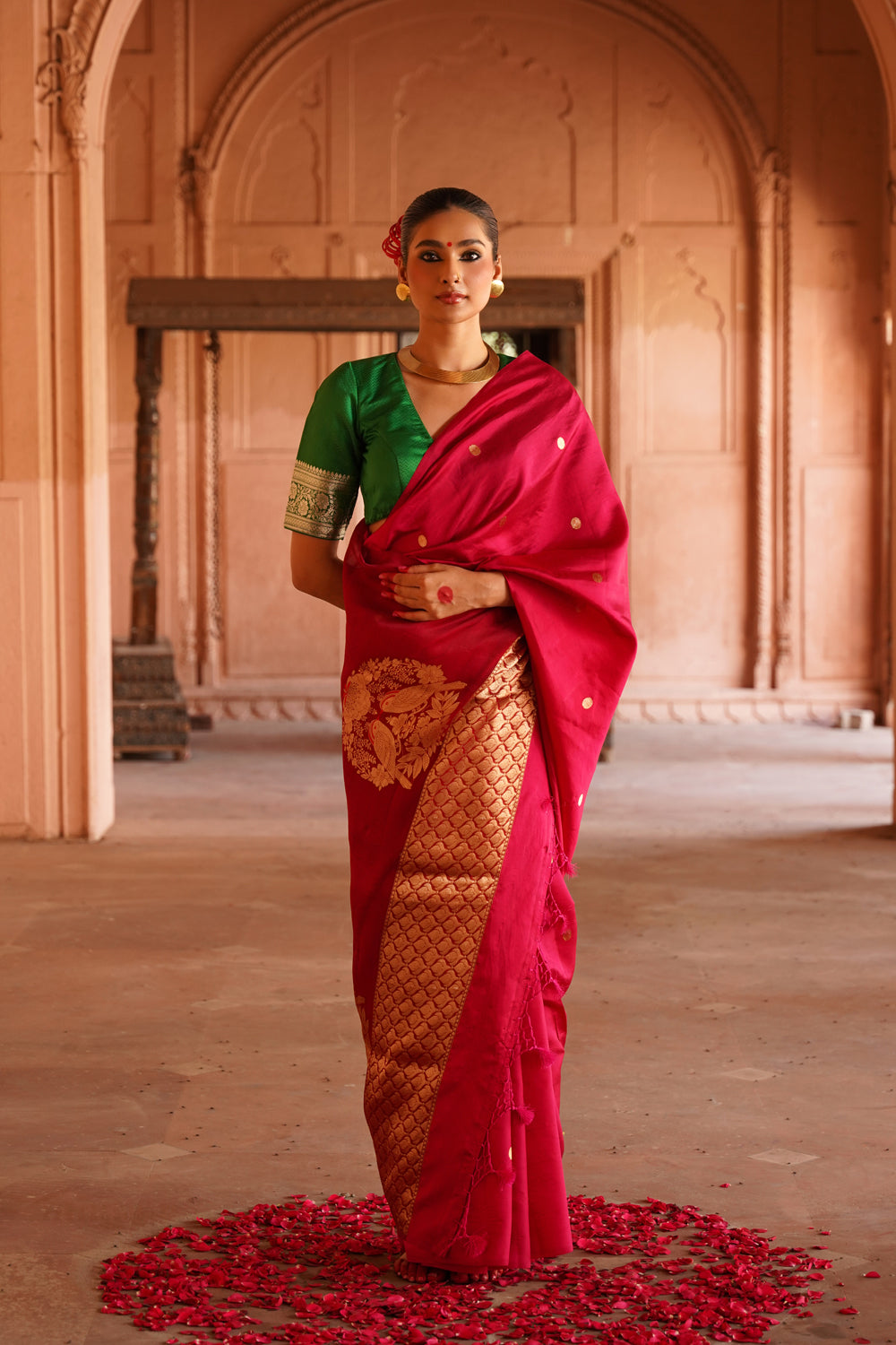 Handwoven Katan Silk Saree with Organza Pallu in Hot Pink