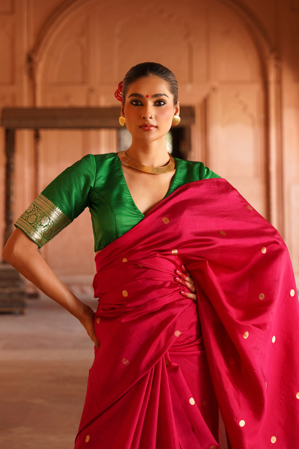 Handwoven Katan Silk Saree with Organza Pallu in Hot Pink