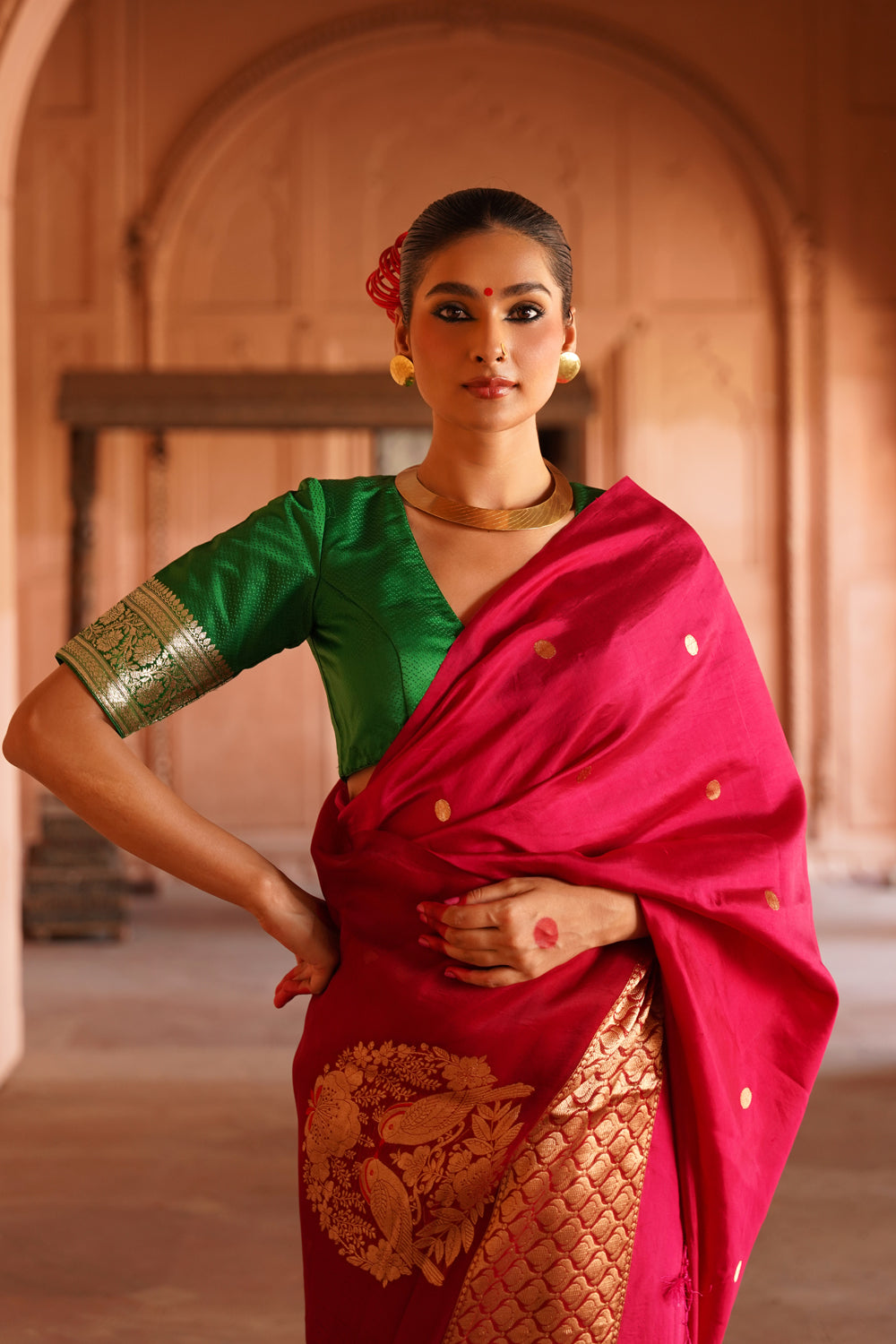 Handwoven Katan Silk Saree with Organza Pallu in Hot Pink