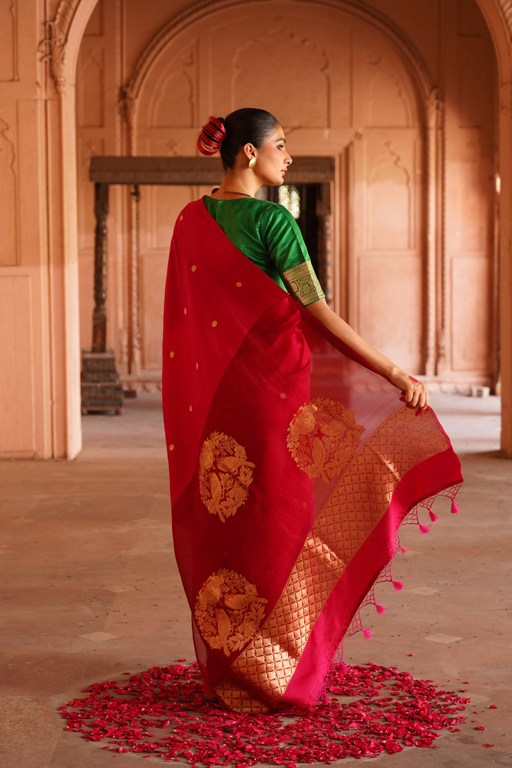 Handwoven Katan Silk Saree with Organza Pallu in Hot Pink