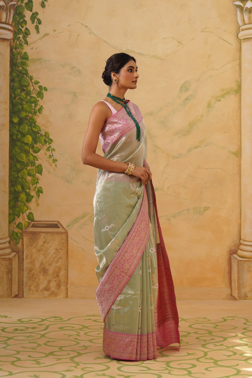 Handwoven Mint Green Tissue Saree with Pink Zari Borders
