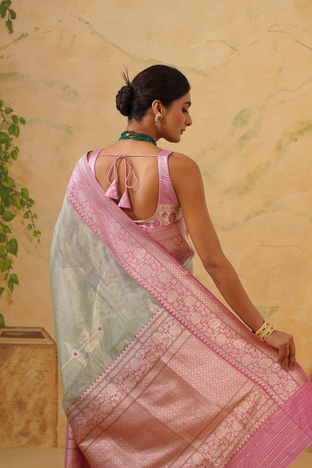 Handwoven Mint Green Tissue Saree with Pink Zari Borders