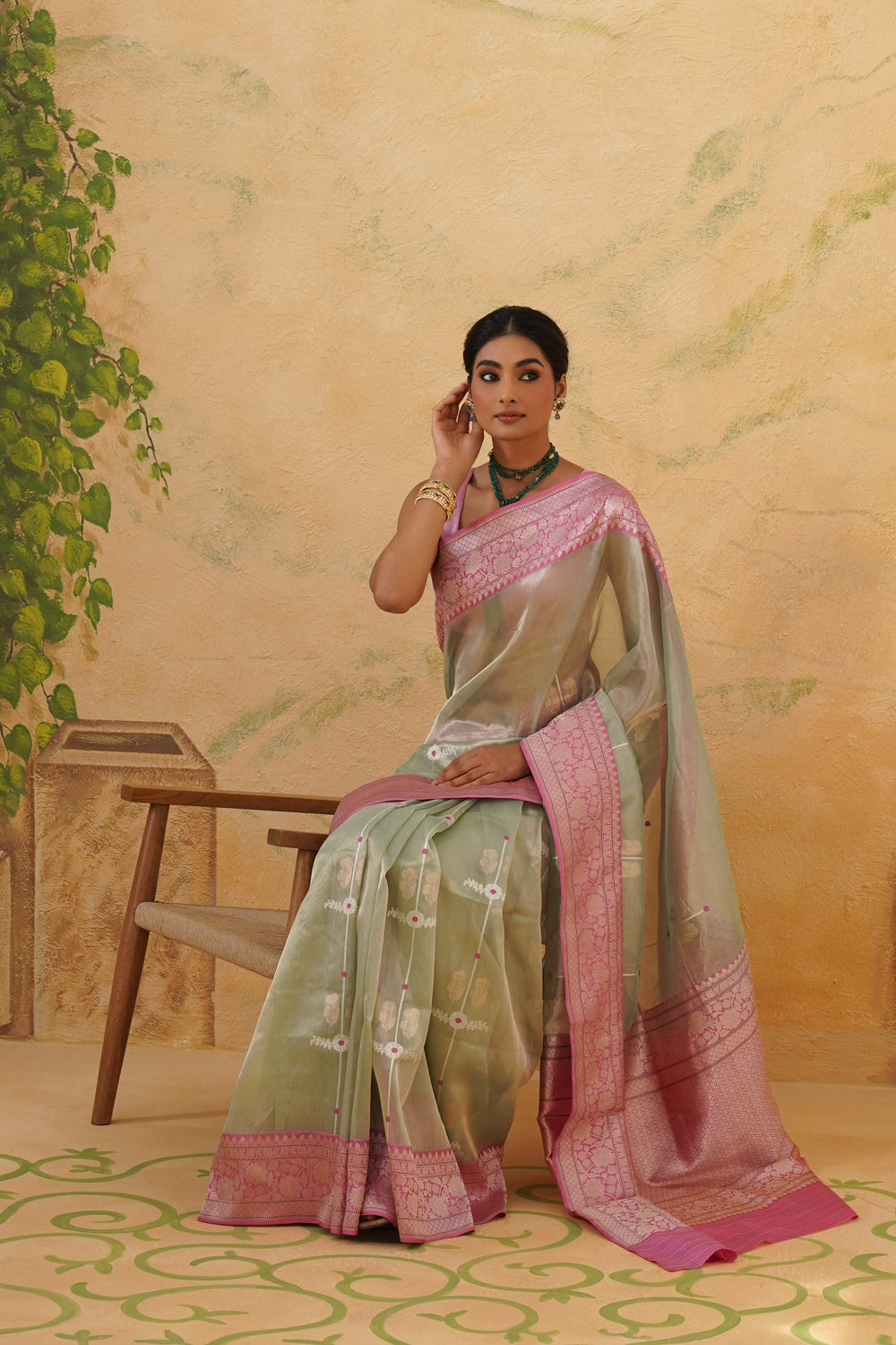 Handwoven Mint Green Tissue Saree with Pink Zari Borders
