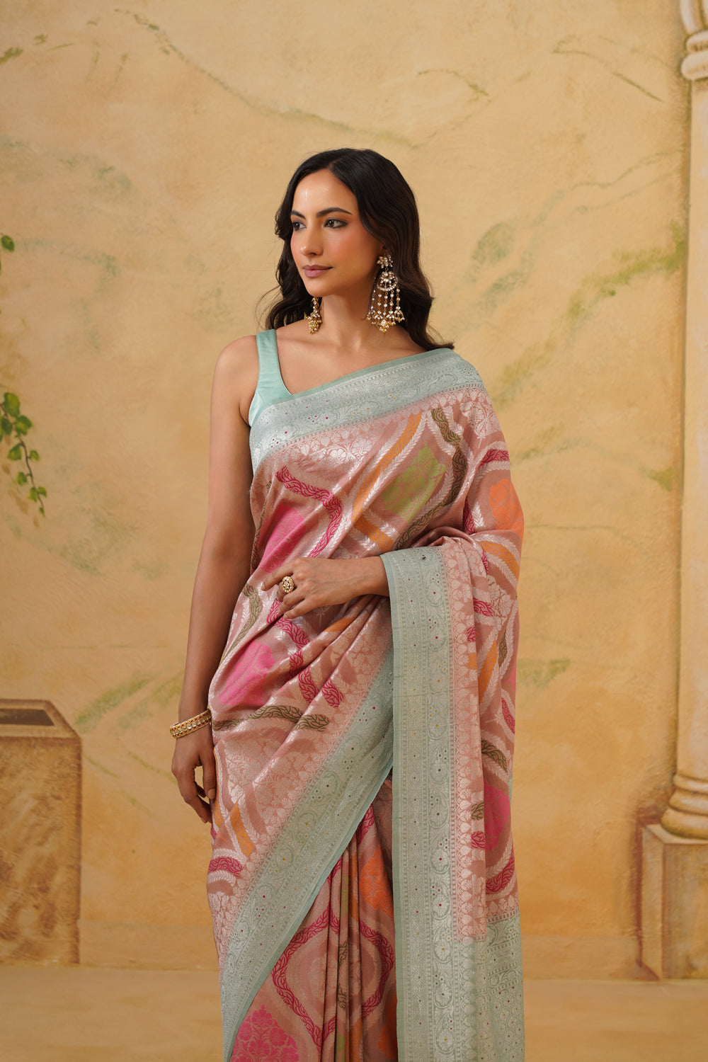 Handwoven Multi-Color Geometric Tussar Khaddi Georgette Saree