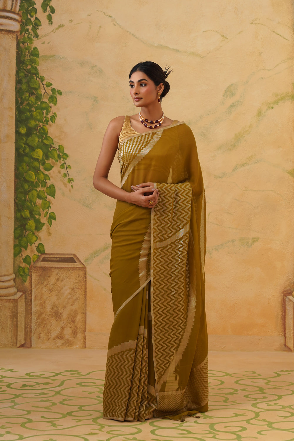Handwoven Olive Green Chiffon Saree with Geometric Weave