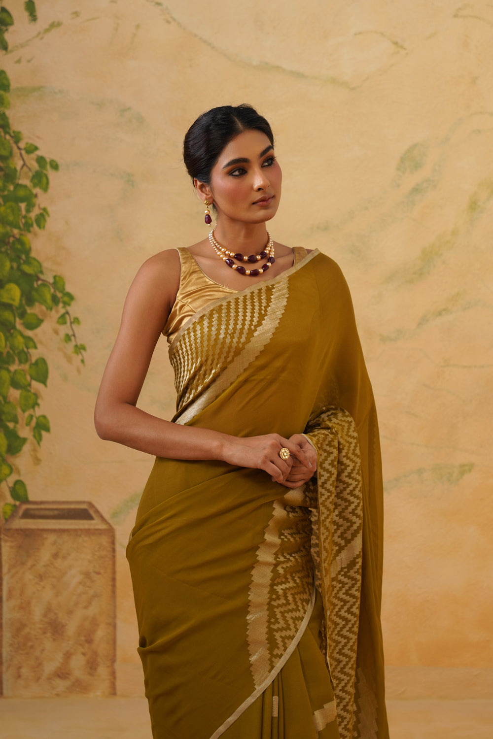 Handwoven Olive Green Chiffon Saree with Geometric Weave