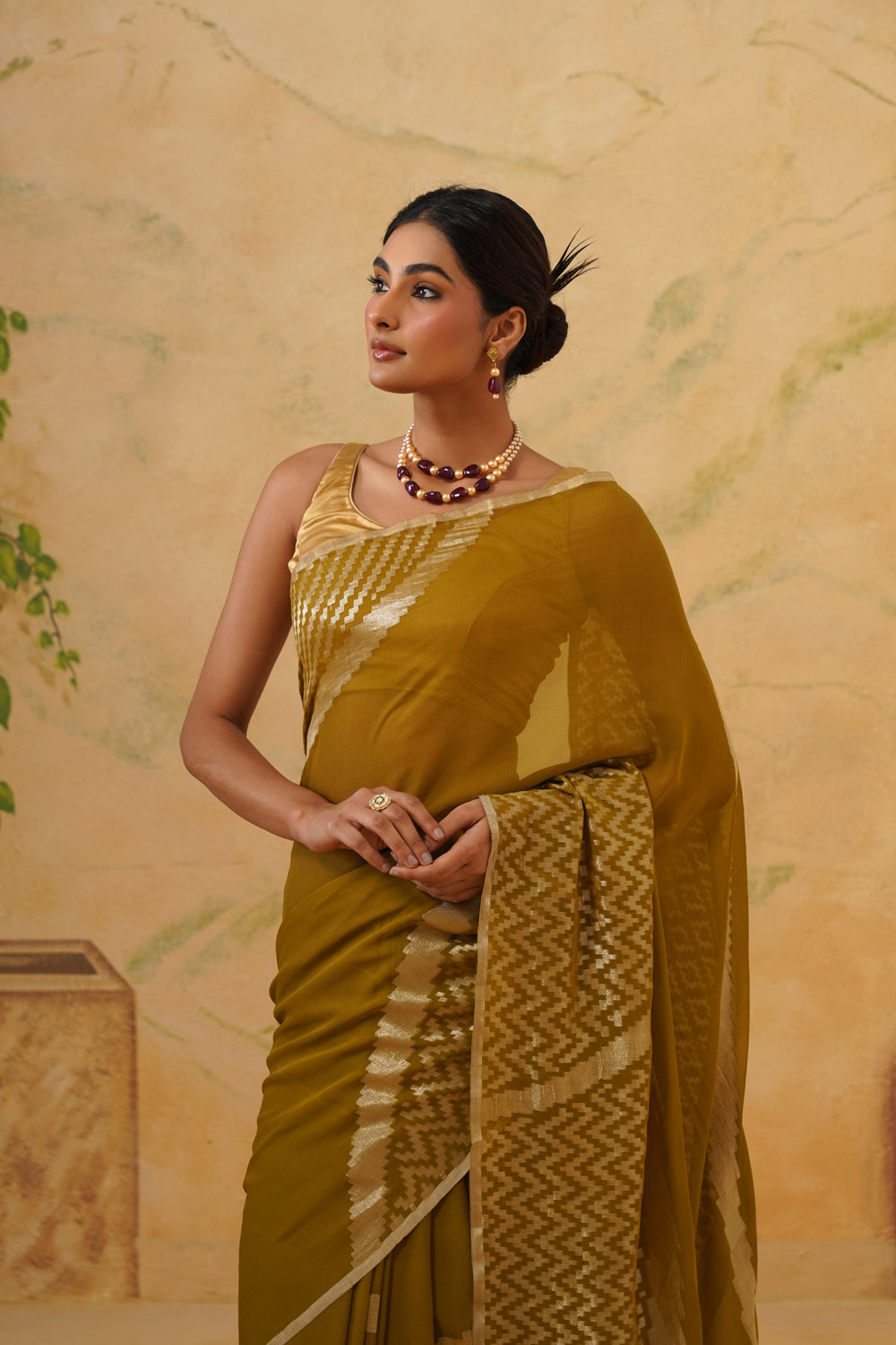 Handwoven Olive Green Chiffon Saree with Geometric Weave