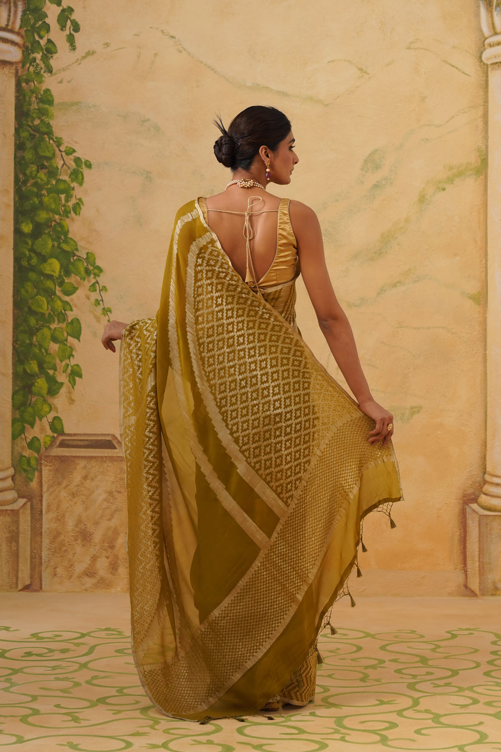 Handwoven Olive Green Chiffon Saree with Geometric Weave