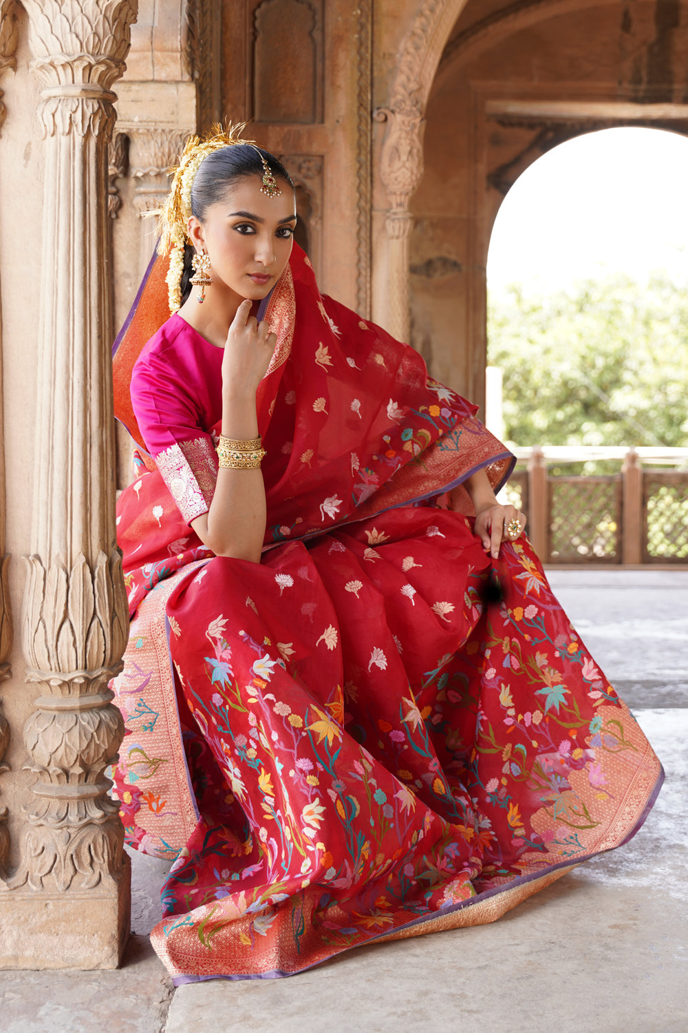 Handwoven Organza Silk Jamdani Saree in Crimson Red